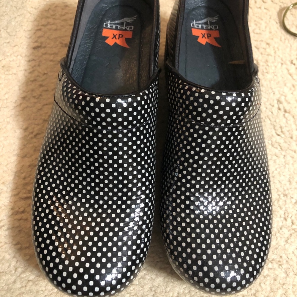 Dansko XP black and white polka dot clogs